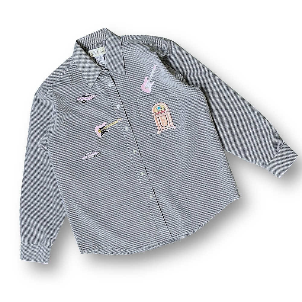Vintage Grey Pinstripe Button-Up Shirt with Pink Elvis Inspired Patch Details